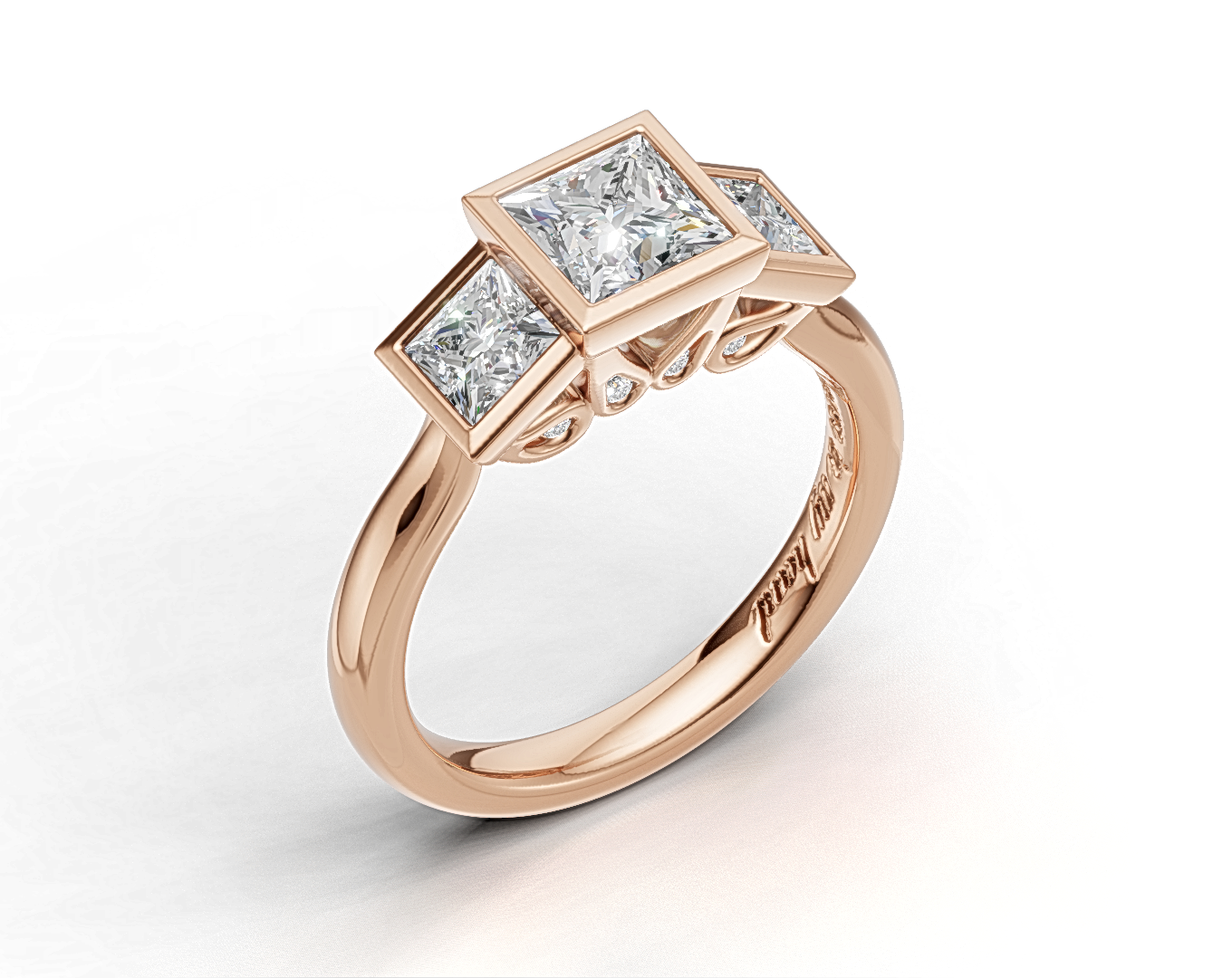 Princess-Cut Diamond Trilogy Engagement Ring with Diamond-Accented Bridge.
