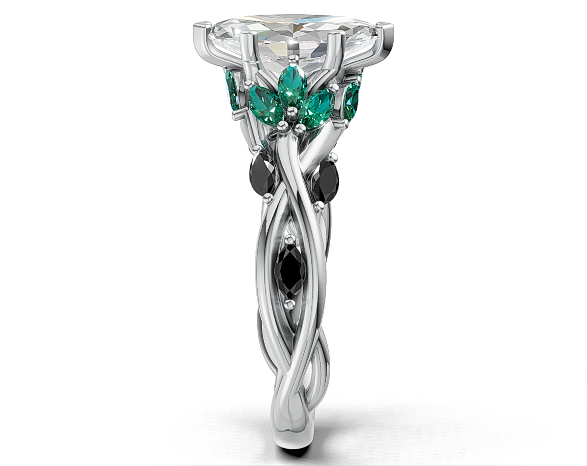 Marquise Diamond Ring with Emerald and Black Diamond Accents on Twisted Band