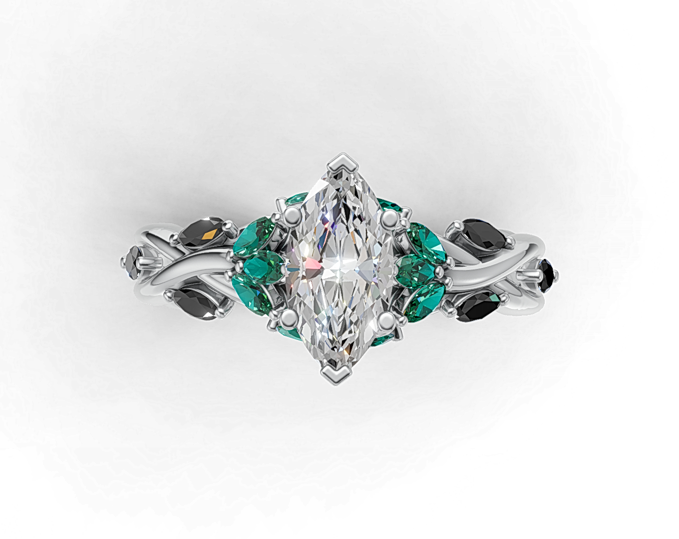 Marquise Diamond Ring with Emerald and Black Diamond Accents on Twisted Band