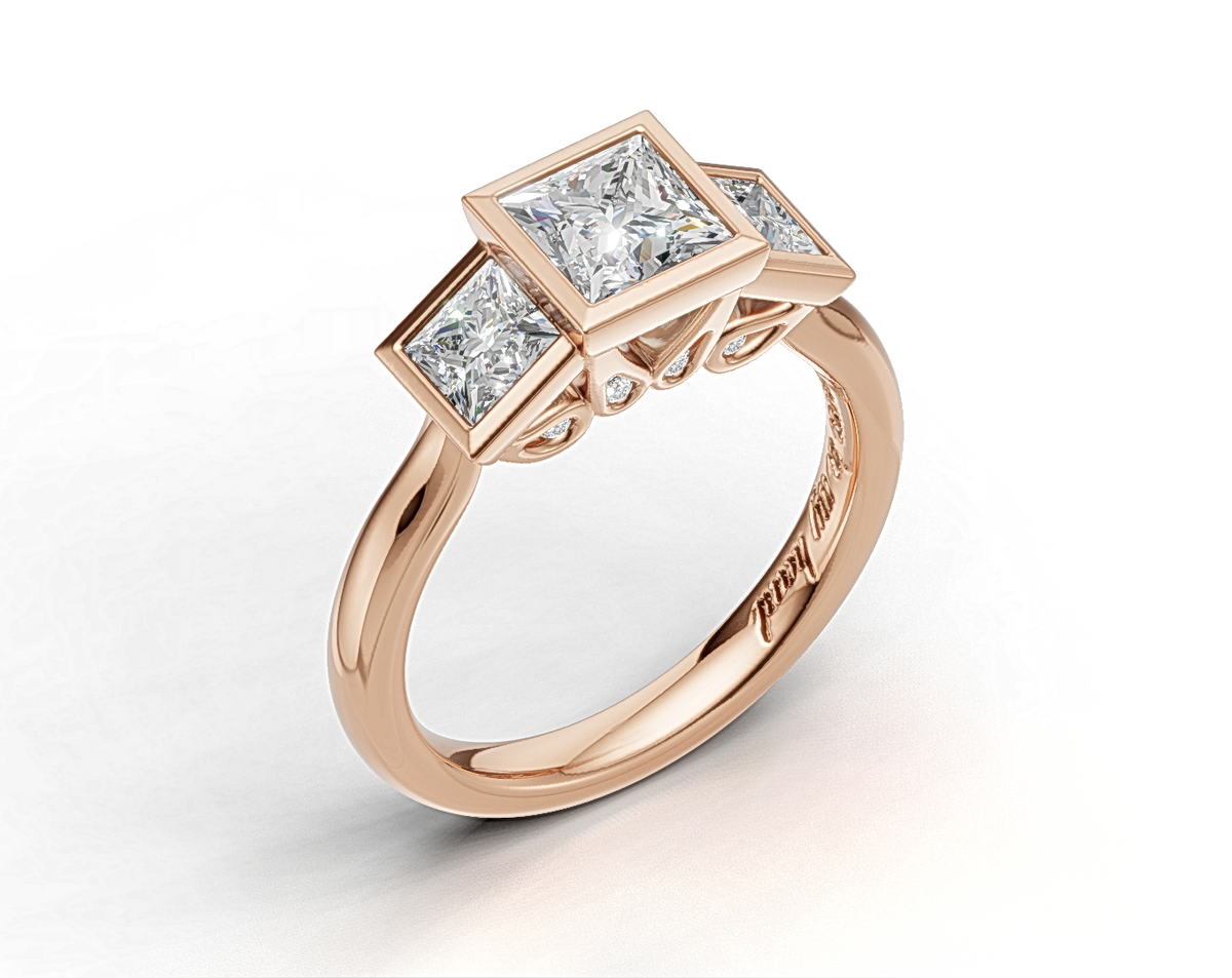 Princess-Cut Diamond Trilogy Engagement Ring with Diamond-Accented Bridge.