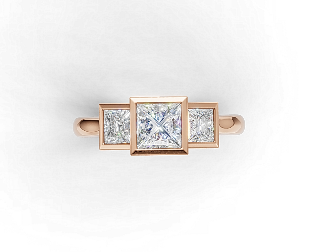 Princess-Cut Diamond Trilogy Engagement Ring with Diamond-Accented Bridge.