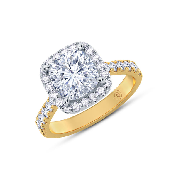 The Grandé Collection - Cushion Cut Diamond Engagement Ring with Diamond Halo and Shoulders - Yellow Gold and Platinum