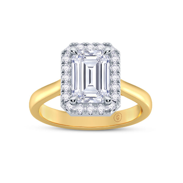 The Embrace - Emerald Halo Diamond Engagement Ring - Yellow Gold and Platinum