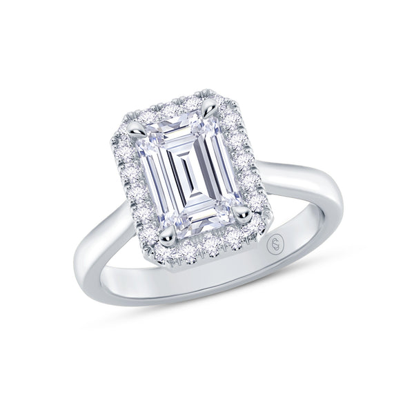 The Embrace - Emerald Halo Diamond Engagement Ring - Platinum angle