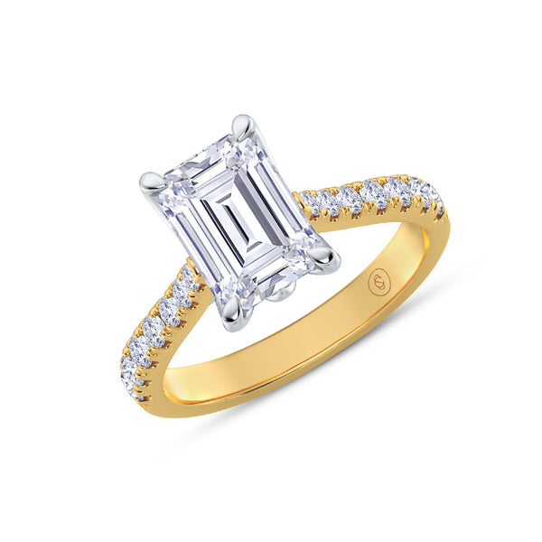 The Illuminate Collection - Emerald Diamond Engagement Ring with Diamond Shoulders - Yellow Gold and Platinum