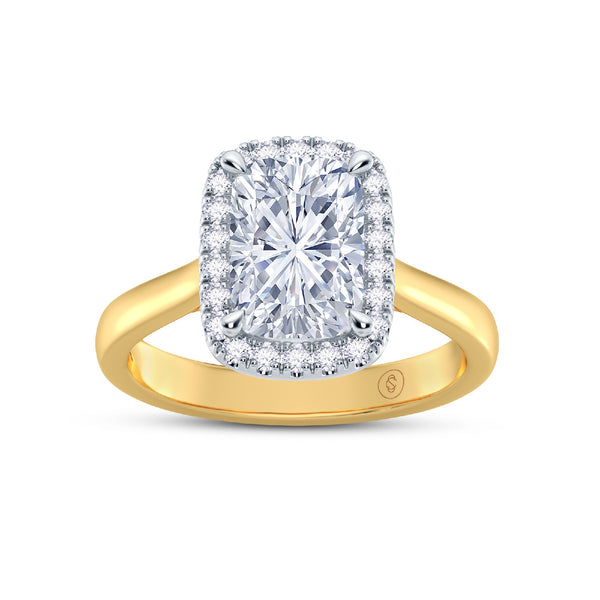 The Embrace - Elongated Cushion Cut Halo Diamond Engagement Ring - Yellow Gold and Platinum