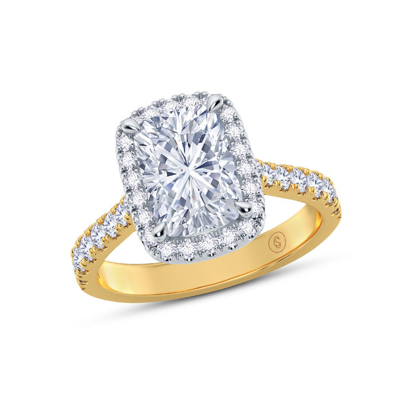 The Grandé Collection - Elongated Cushion Cut Diamond Engagement Ring with Diamond Halo and Shoulders - Yellow Gold and Platinum