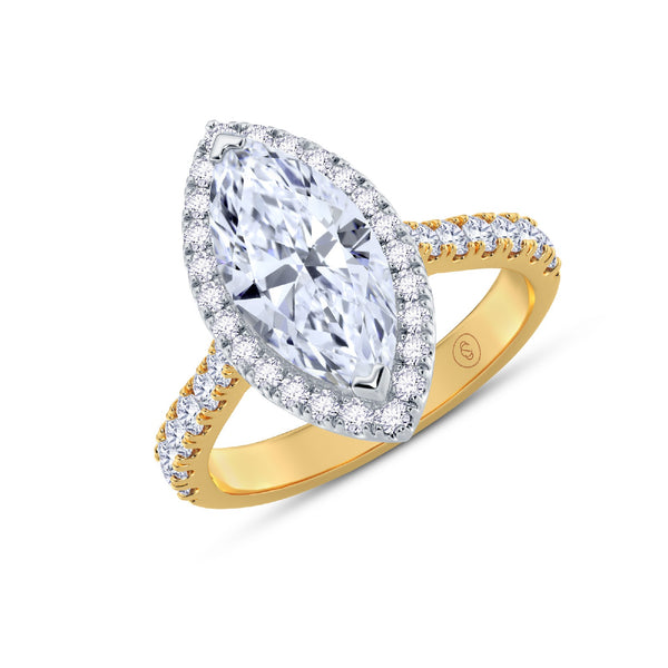The Grandé Collection - Marquise Cut Diamond Engagement Ring with Diamond Halo and Shoulders - Yellow Gold and Platinum