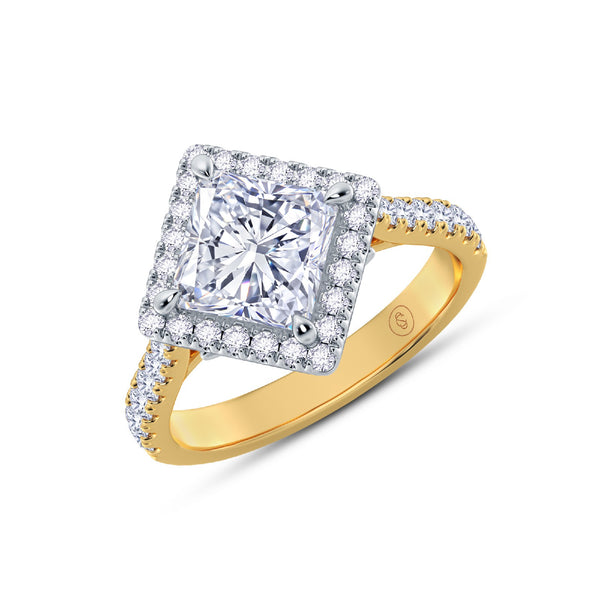 The Grandé Collection - Princess Cut Diamond Engagement Ring with Diamond Halo and Shoulders (East-West) - Yellow Gold and Platinum