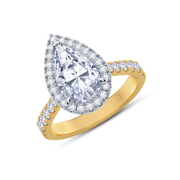 The Grandé Collection - Pear Cut Diamond Engagement Ring with Diamond Halo and Shoulders - Yellow Gold and Platinum