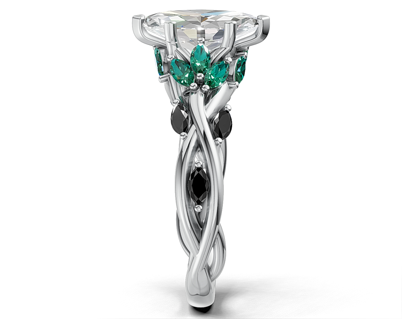 Marquise Diamond Ring with Emerald and Black Diamond Accents on Twisted Band