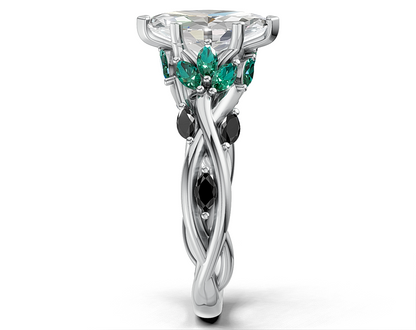Marquise Diamond Ring with Emerald and Black Diamond Accents on Twisted Band