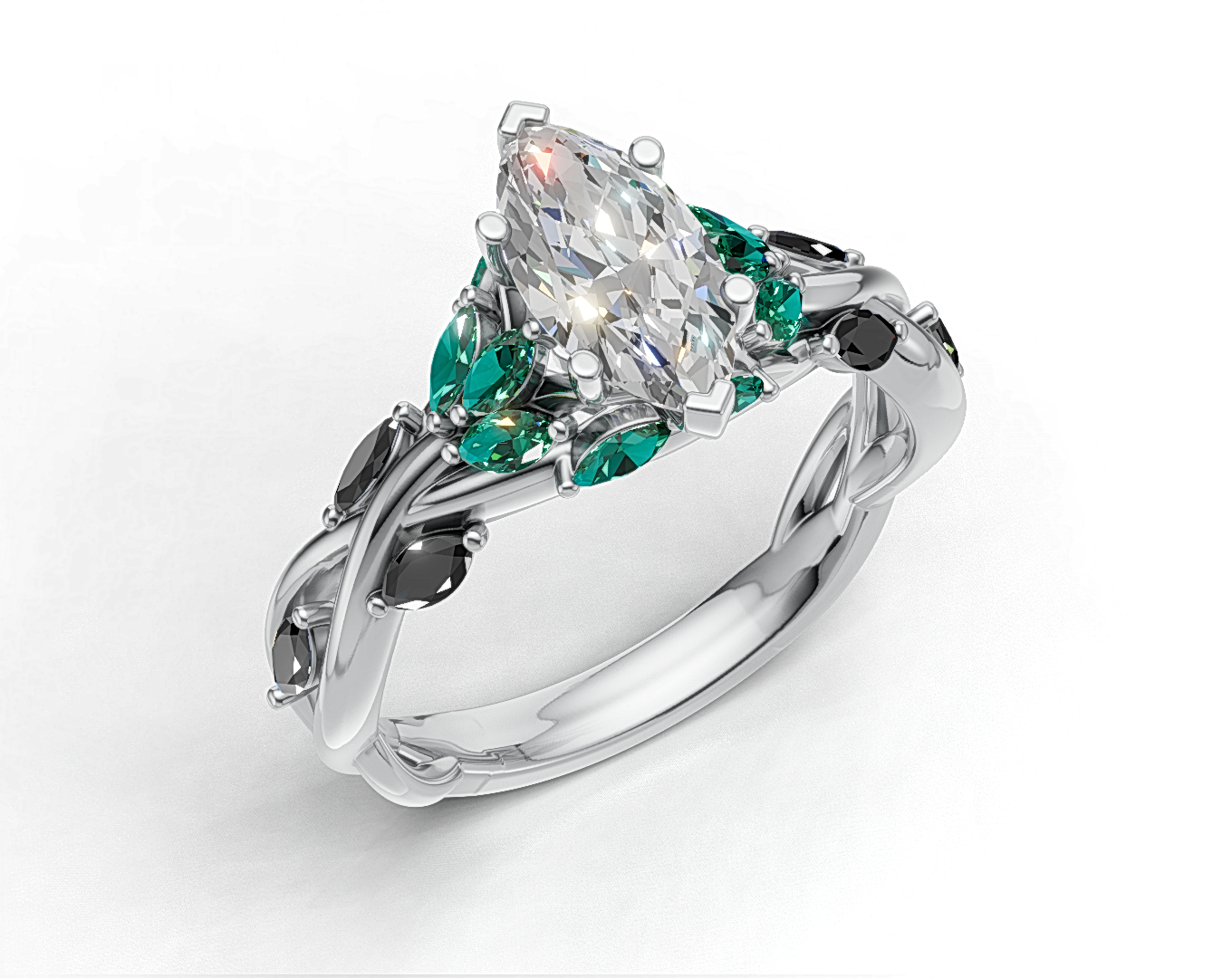 Marquise Diamond Ring with Emerald and Black Diamond Accents on Twisted Band