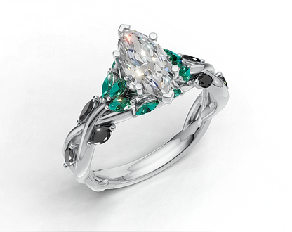 Marquise Diamond Ring with Emerald and Black Diamond Accents on Twisted Band