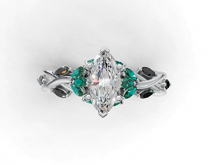 Marquise Diamond Ring with Emerald and Black Diamond Accents on Twisted Band
