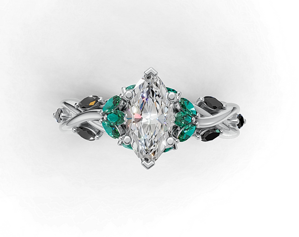 Marquise Diamond Ring with Emerald and Black Diamond Accents on Twisted Band