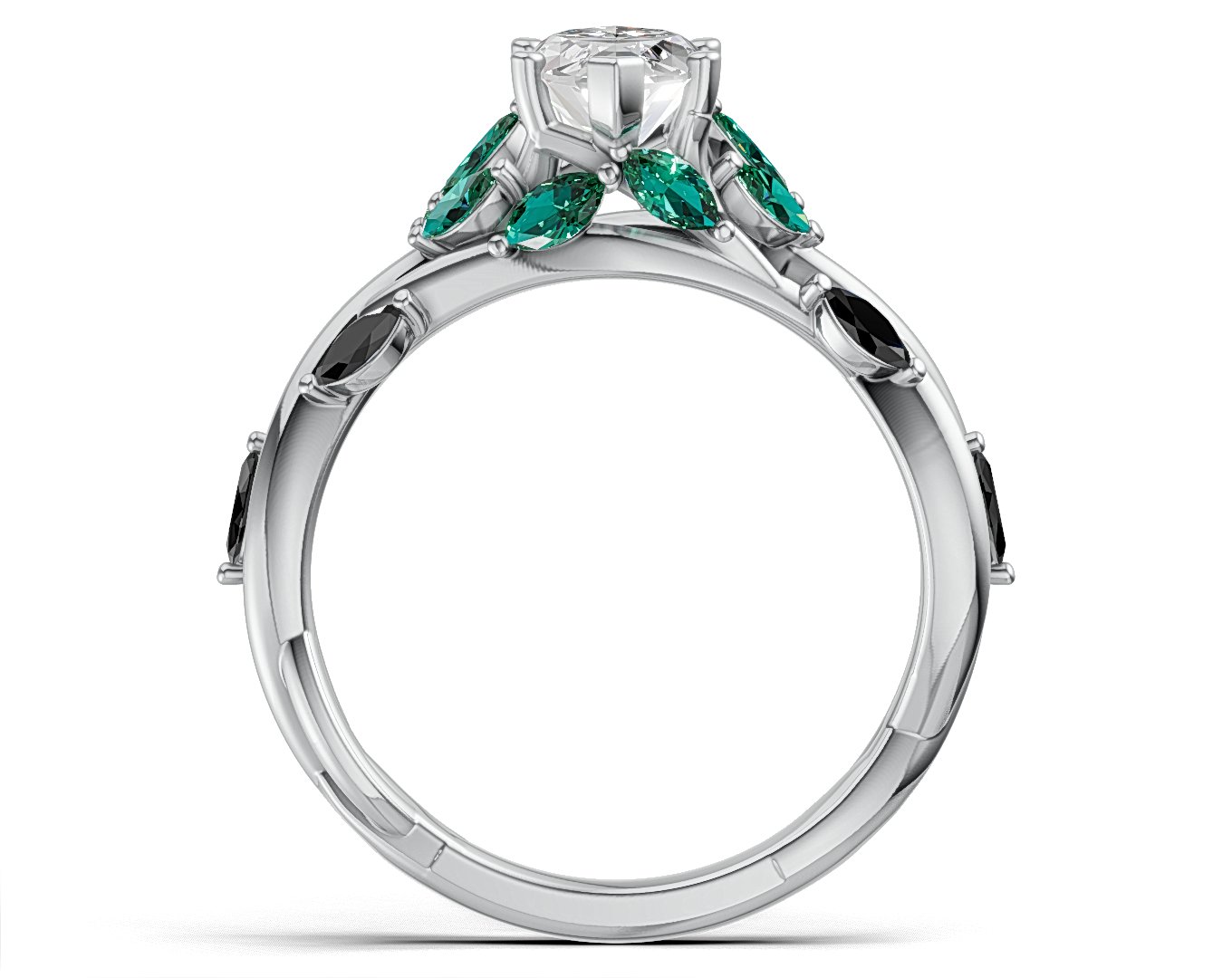 Marquise Diamond Ring with Emerald and Black Diamond Accents on Twisted Band