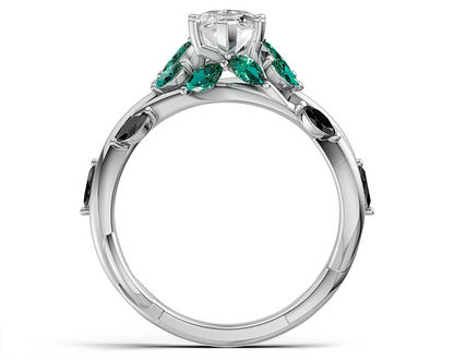 Marquise Diamond Ring with Emerald and Black Diamond Accents on Twisted Band