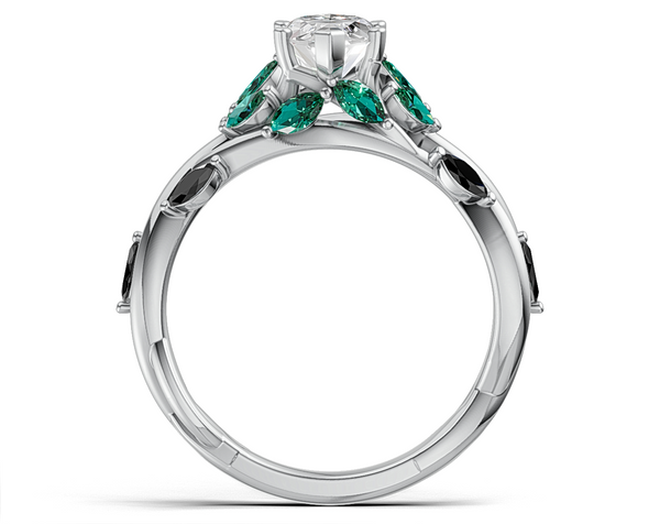 Marquise Diamond Ring with Emerald and Black Diamond Accents on Twisted Band