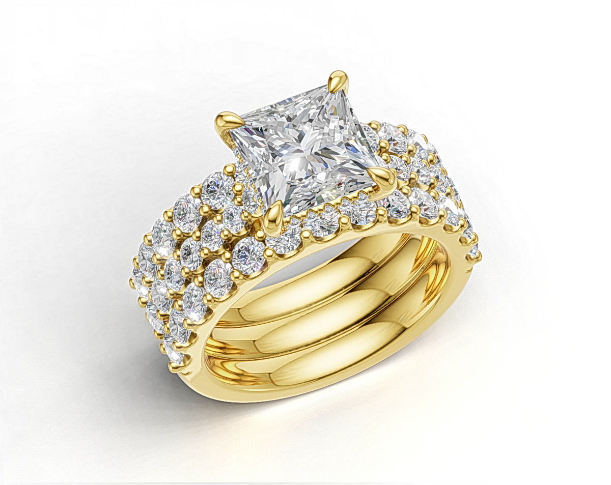 Princess-Cut Engagement Ring with Shoulder Diamonds and Matching Bands
