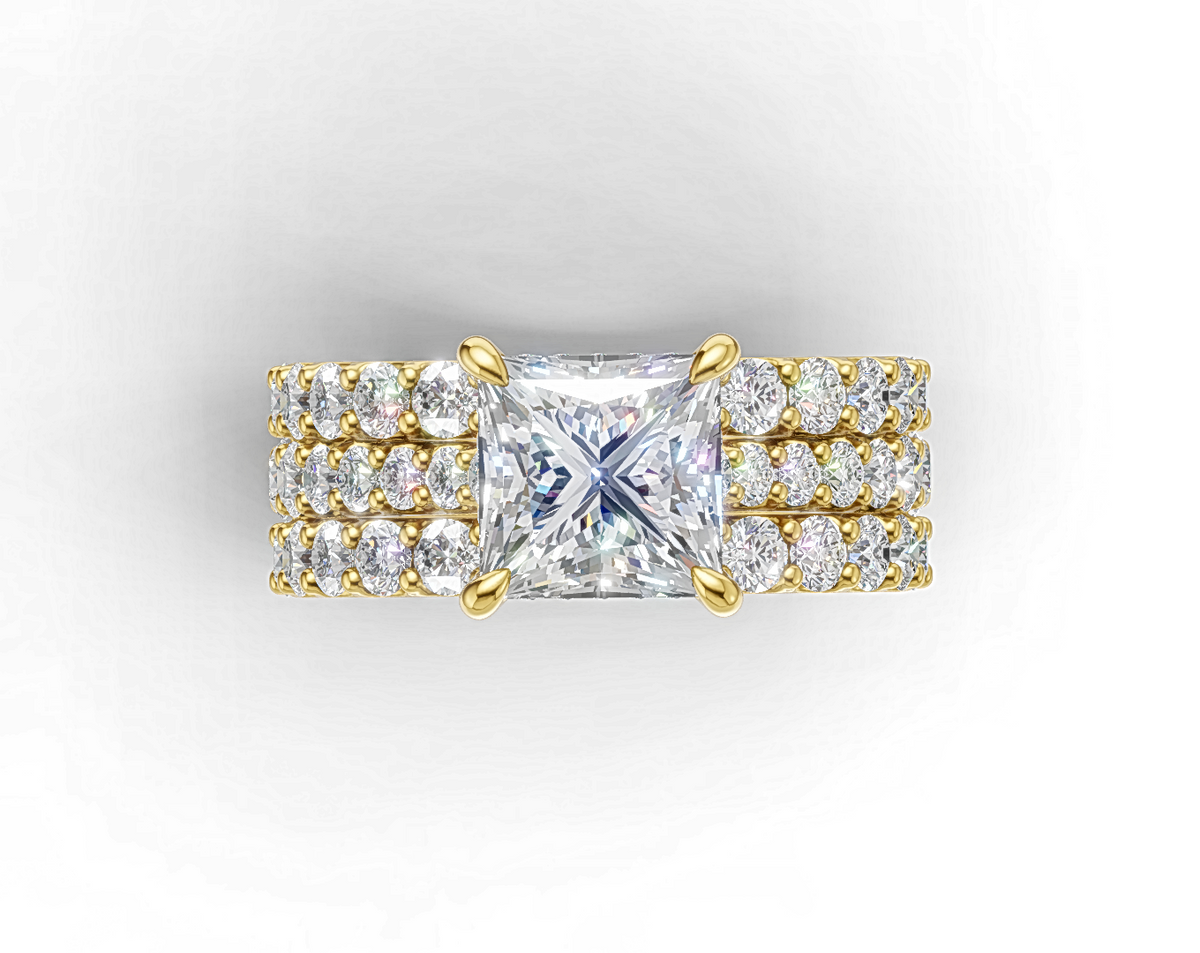 Princess-Cut Engagement Ring with Shoulder Diamonds and Matching Bands